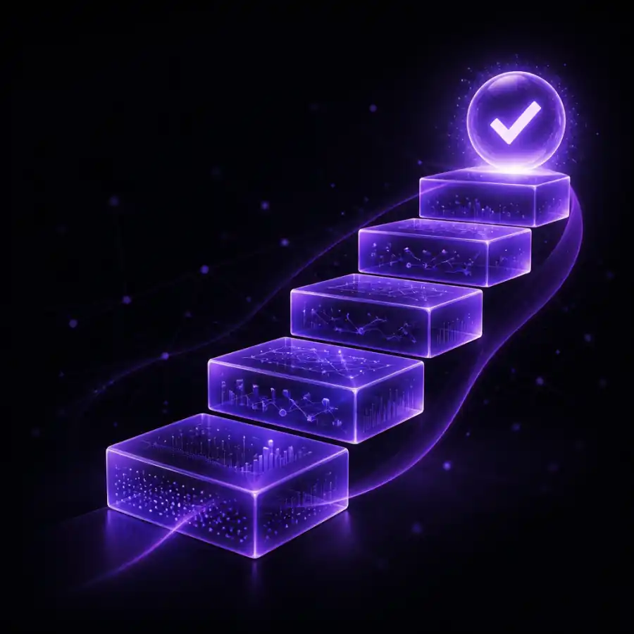 3D-иллюстрация лестницы из стеклянных блоков данных, ведущей к светящейся отметке проверки